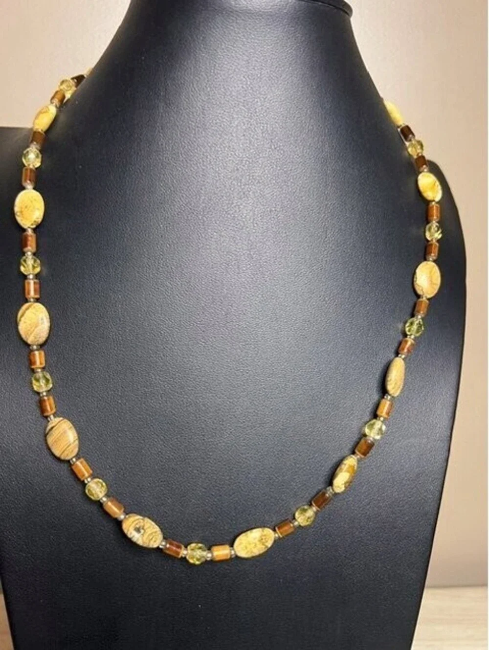 B6648 Long Beaded Necklace Jasper Tigers Eye Glass Earth Tone Toggle 21